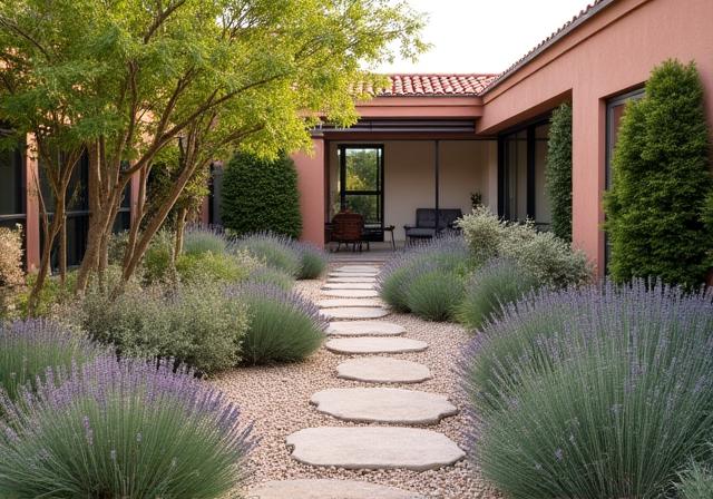 Jardín xeriscape en Madrid con plantas autóctonas y diseño eficiente de agua