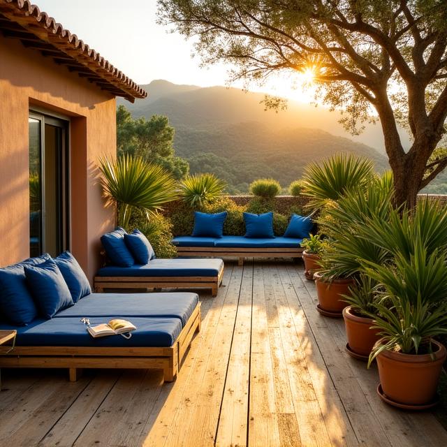 Terraza Mediterránea con tarima de madera reciclada y plantas nativas